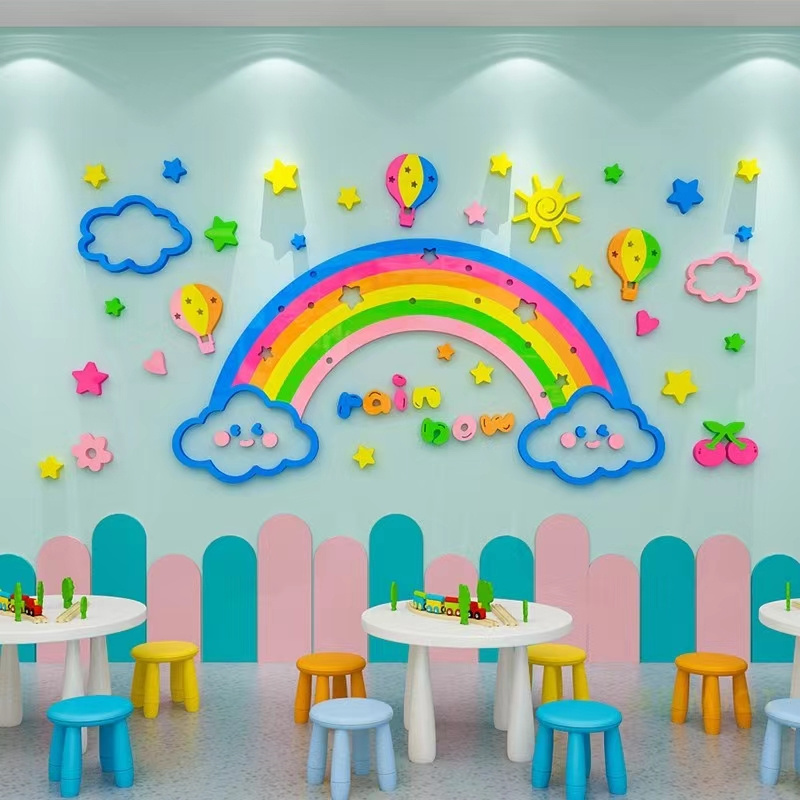 3D acrylic rainbow white clouds hot air balloon stickers kindergarten girls bedroom kids room home decoration wall stickers