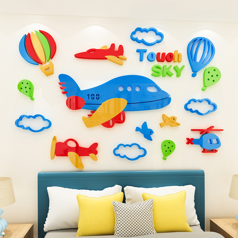 Cute cartoon design airplane hot air balloon 3D acrylic wall sticker for boys' bedroom and kindergarten decoration