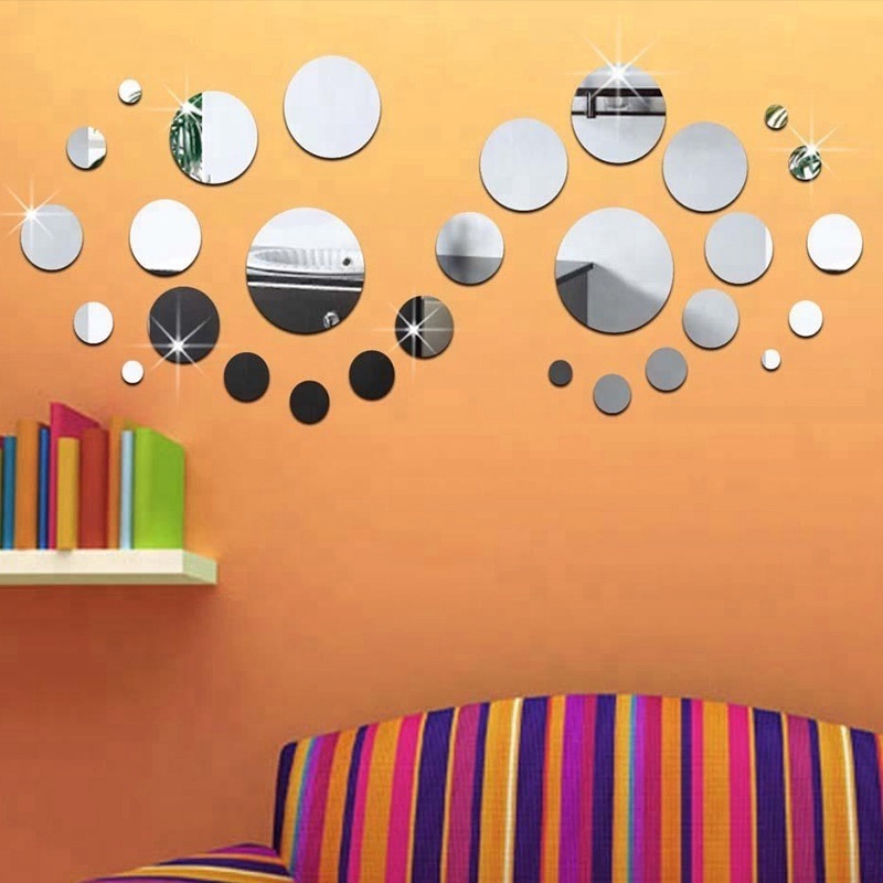 Small Big round circle 3D silver mirror wall art stickers decal sofa TV background wall decor