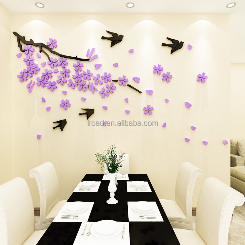 Pink flower Cherry blossom Swallow Bird Acrylic Wall Stickers Decals Girls Women Mural Wallpaper Home Living Room Bedroom Decor