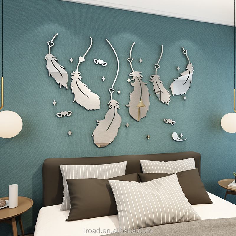 DIY feather modern art wall sticker family office living room bedroom decoration sticker acrylic mirror wall decoration