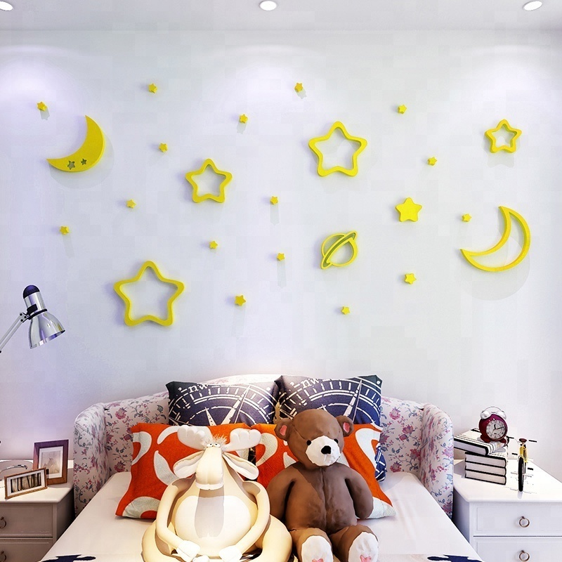 Moon and stars 3d decorate Home Decor kids room acrylic stickers golden