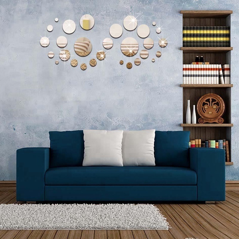 Small Big round circle 3D silver mirror wall art stickers decal sofa TV background wall decor