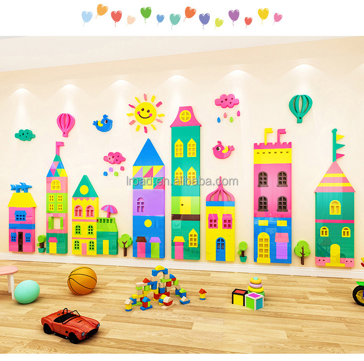 Cartoon Airplane Castle Small Town Sticker Acrylic Wallpaper For Kindergarten Classroom Children's Room Decor Wall Decal