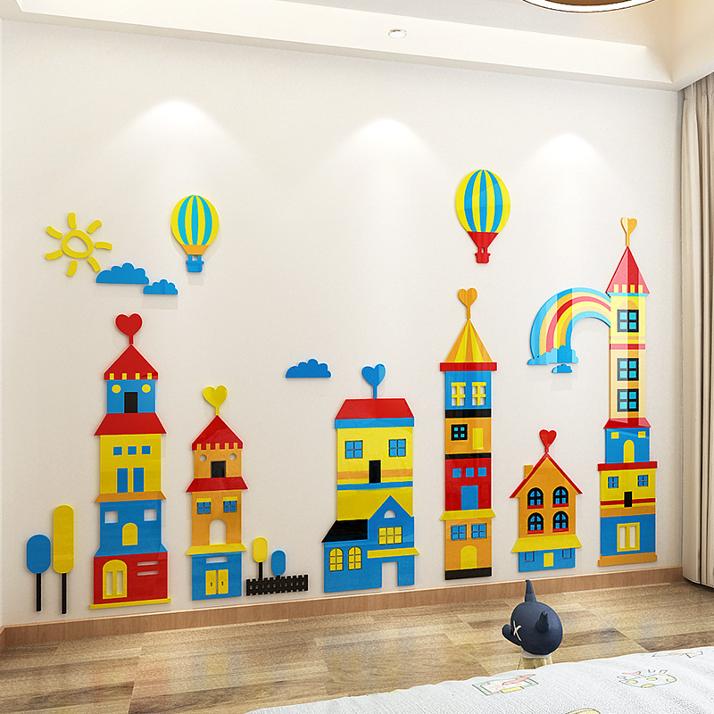 Cartoon town sticker Cartoon Castle hot air balloon wall sticker for kids home decorative children room wall decals