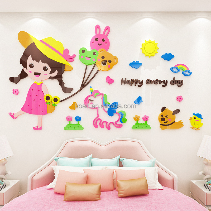 Happy Girl Pony Balloon Wall Sticker 3D Acrylic Waterproof Wall Sticker Kids Bedroom Living Room Home Decoration Wallpaper