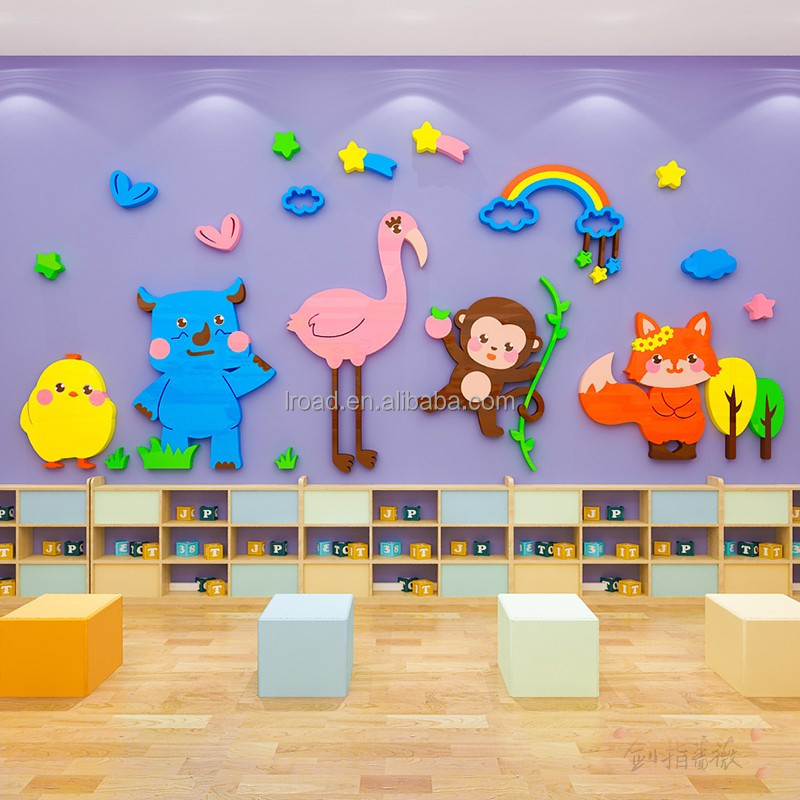 Cartoon Animal Wall Sticker Rainbow Waterproof Wallpaper Acrylic 3D Decoration Kindergarten Wall Mural