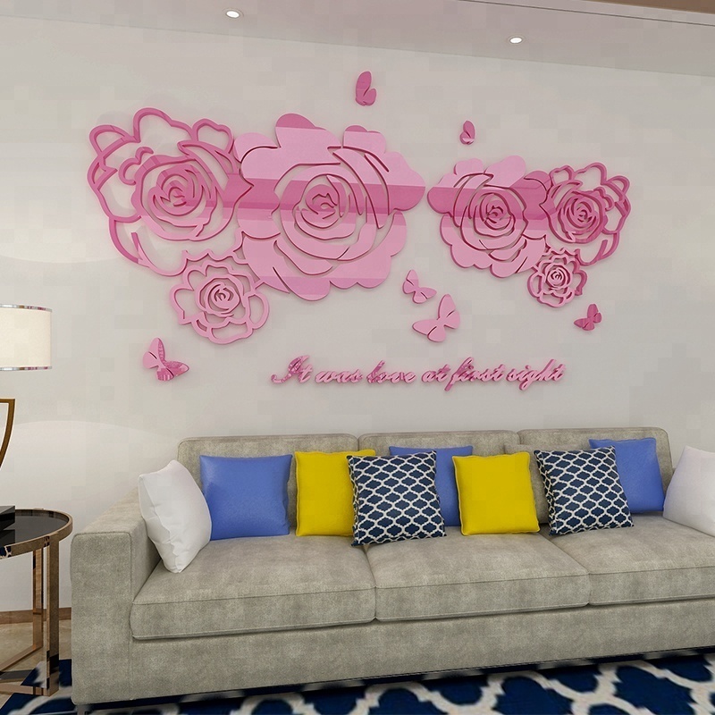 Romantic Rose Acrylic Mirror Indoor Decoration Decal 3D wall Sticker