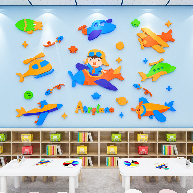 Cartoon animal Design Airplane Wall Stickers kindergarten and kids Room Decoration decal 3D Acrylic Art Sticker