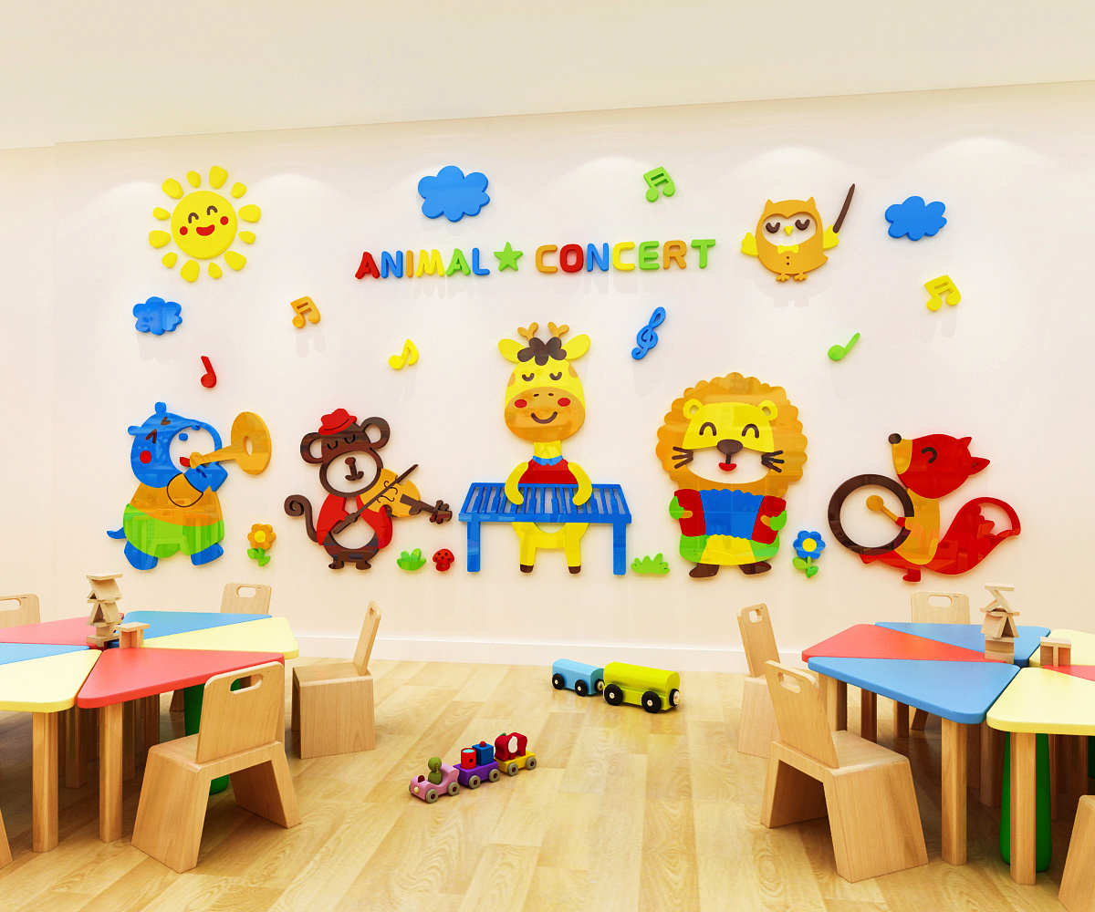 Cartoon animal 3D wall stickers children's room kindergarten classroom wall decorations