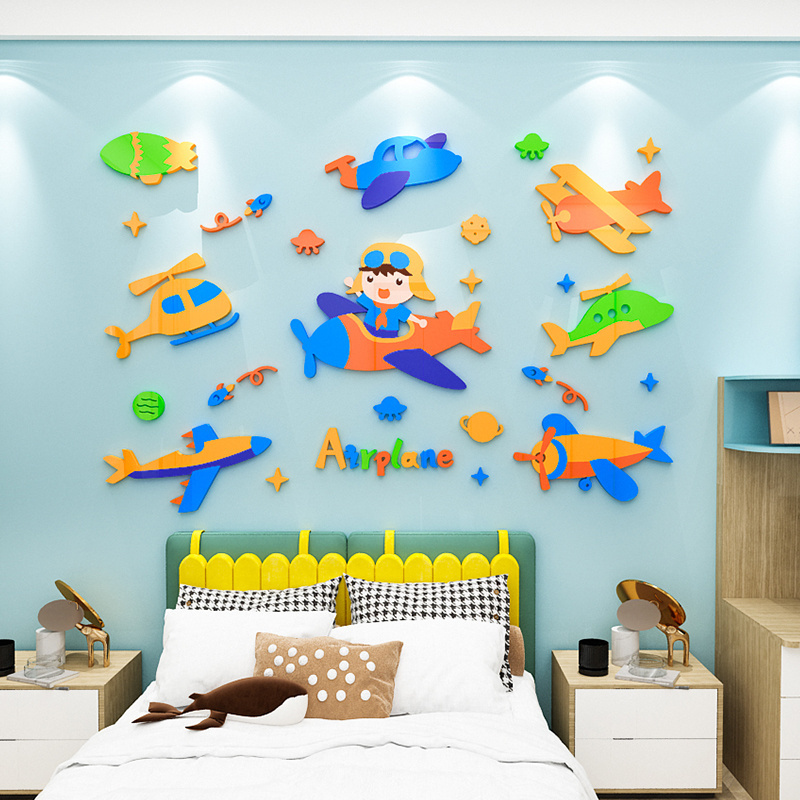 Cartoon animal Design Airplane Wall Stickers kindergarten and kids Room Decoration decal 3D Acrylic Art Sticker