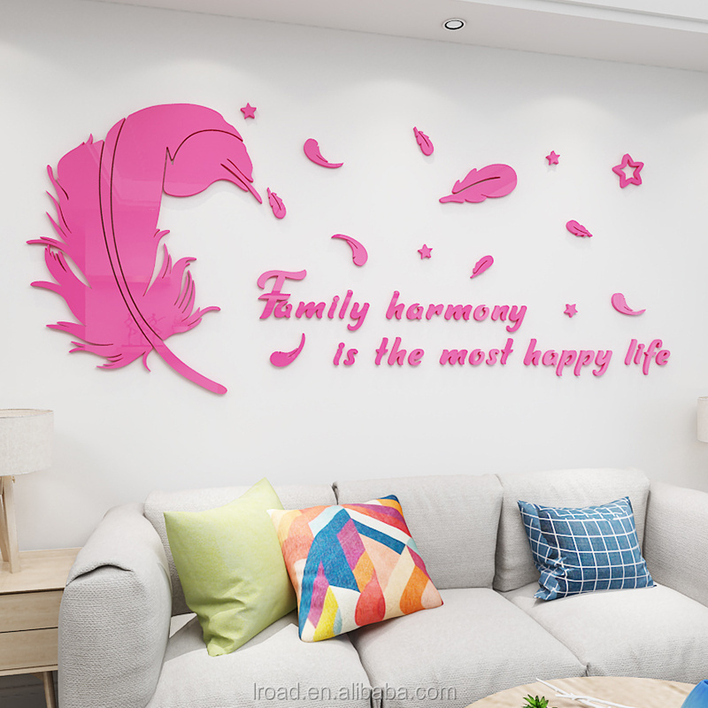 DIY feather modern art wall sticker family office living room bedroom decoration sticker acrylic mirror wall decoration