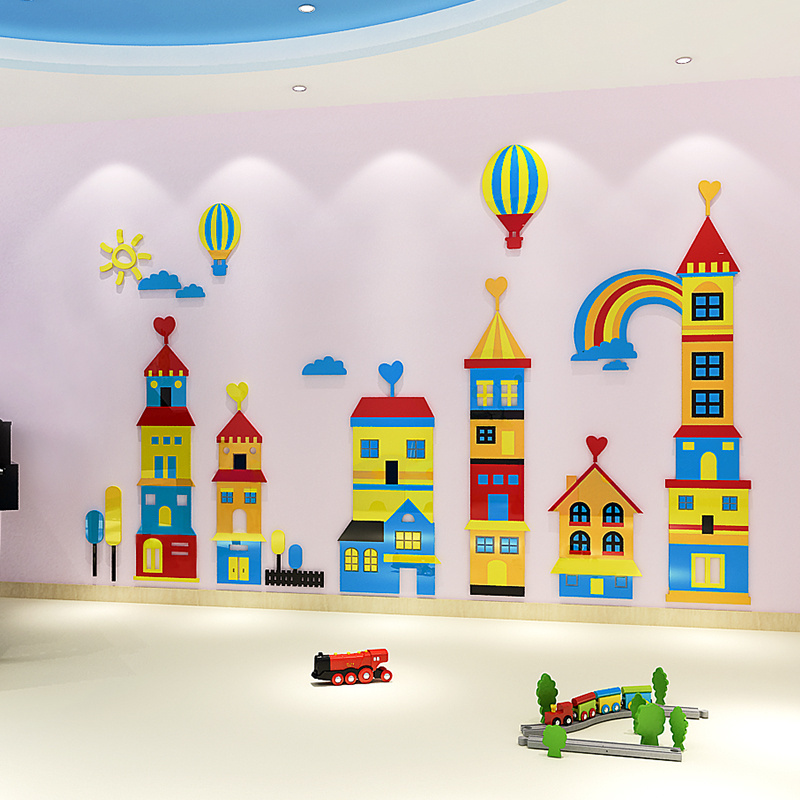 Cartoon town sticker Cartoon Castle hot air balloon wall sticker for kids home decorative children room wall decals