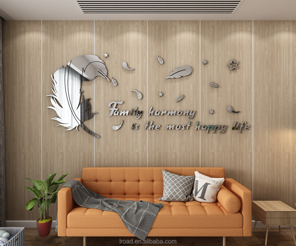 DIY feather modern art wall sticker family office living room bedroom decoration sticker acrylic mirror wall decoration