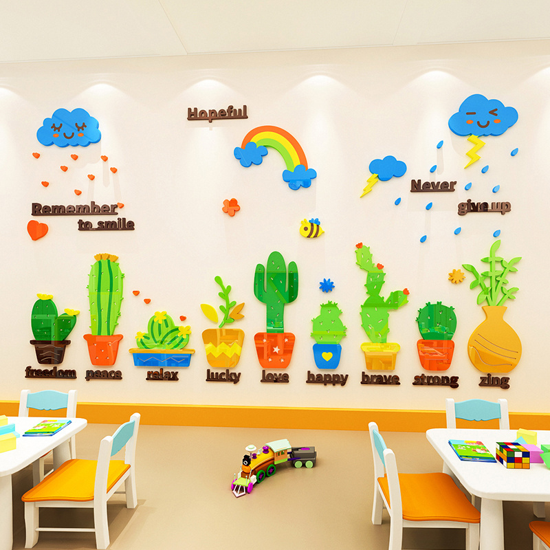 Cactus plant wall sticker 3D acrylic self-adhesive wallpaper Children's room Kindergarten stair potted home decoration