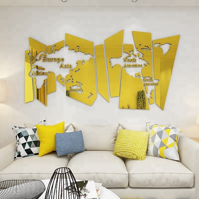 Wall Decoration for Office or Sitting Room Large World Map 3D acrylic mirror Wall Sticker