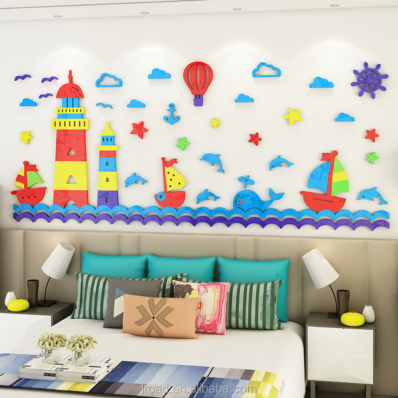 Ocean lighthouse cartoon 3D wall sticker children's room kindergarten theme wall decoration sticker