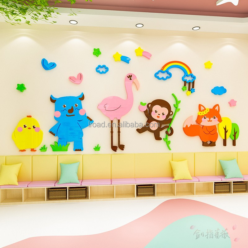 Cartoon Animal Wall Sticker Rainbow Waterproof Wallpaper Acrylic 3D Decoration Kindergarten Wall Mural