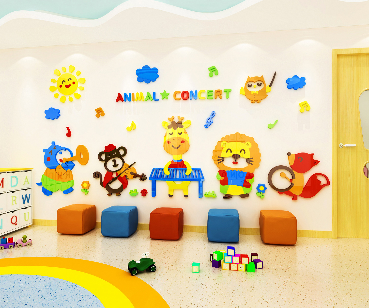 Cartoon animal 3D wall stickers children's room kindergarten classroom wall decorations