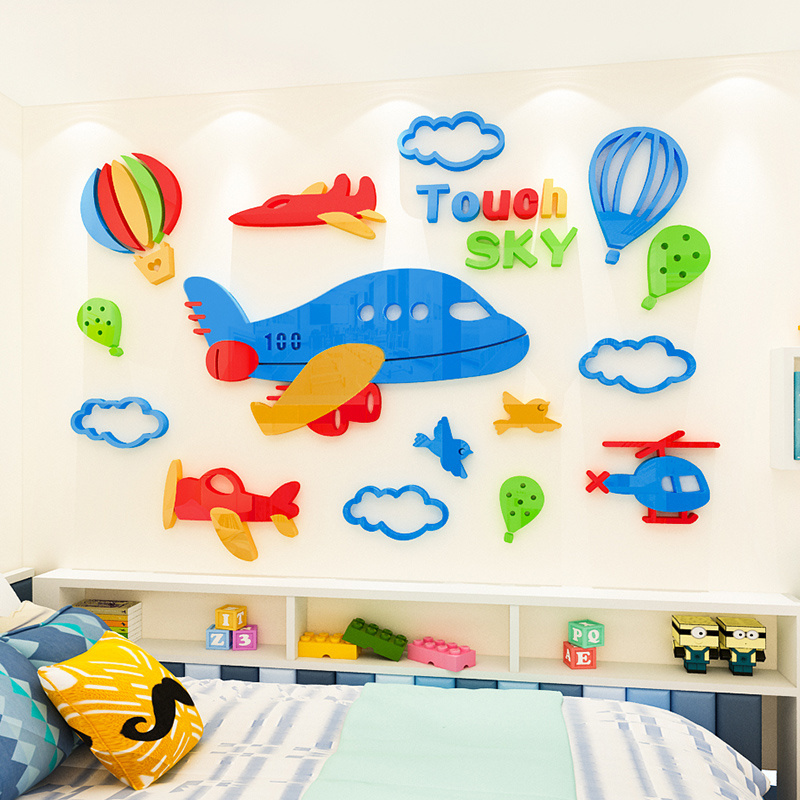 Cute cartoon design airplane hot air balloon 3D acrylic wall sticker for boys' bedroom and kindergarten decoration