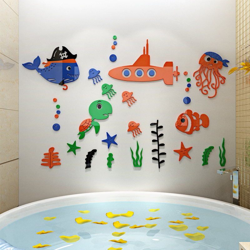 Cartoon Animal 3D Acrylic Bathroom Wall Sticker Home Decor Ocean World Wall Sticker