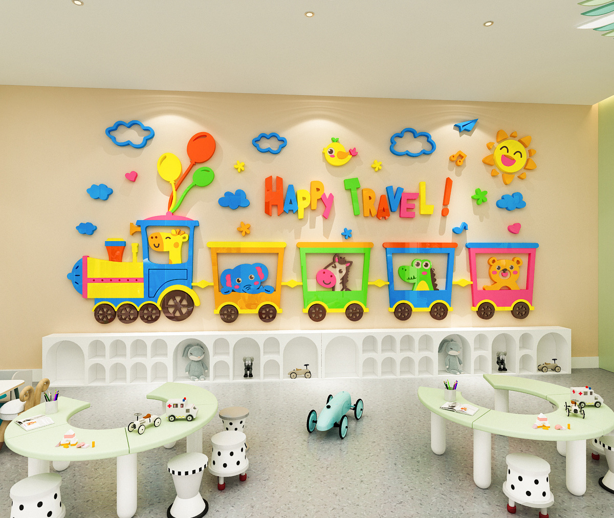 Cartoon train elephant and giraffe animal happy travel stickers kindergarten game room kids room 3D Acrylic wall  decoration