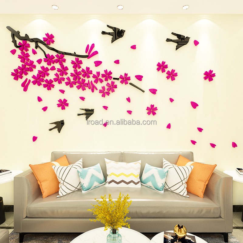 Pink flower Cherry blossom Swallow Bird Acrylic Wall Stickers Decals Girls Women Mural Wallpaper Home Living Room Bedroom Decor