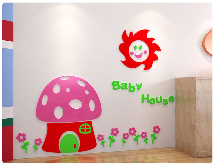 Kindergarten School Classroom Glass Decoration Lovely Cartoon Fantasy Mushroom House Children'S Room acrylic 3D Wall Sticker