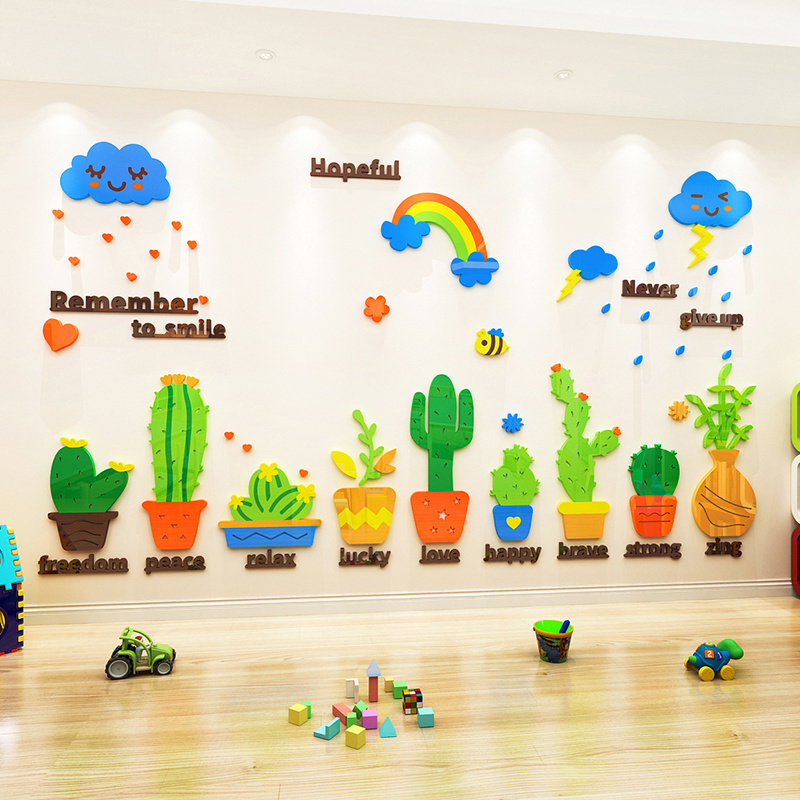 Cactus plant wall sticker 3D acrylic self-adhesive wallpaper Children's room Kindergarten stair potted home decoration