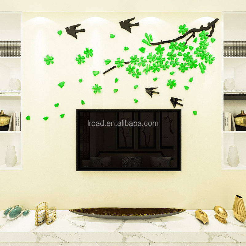 Pink flower Cherry blossom Swallow Bird Acrylic Wall Stickers Decals Girls Women Mural Wallpaper Home Living Room Bedroom Decor