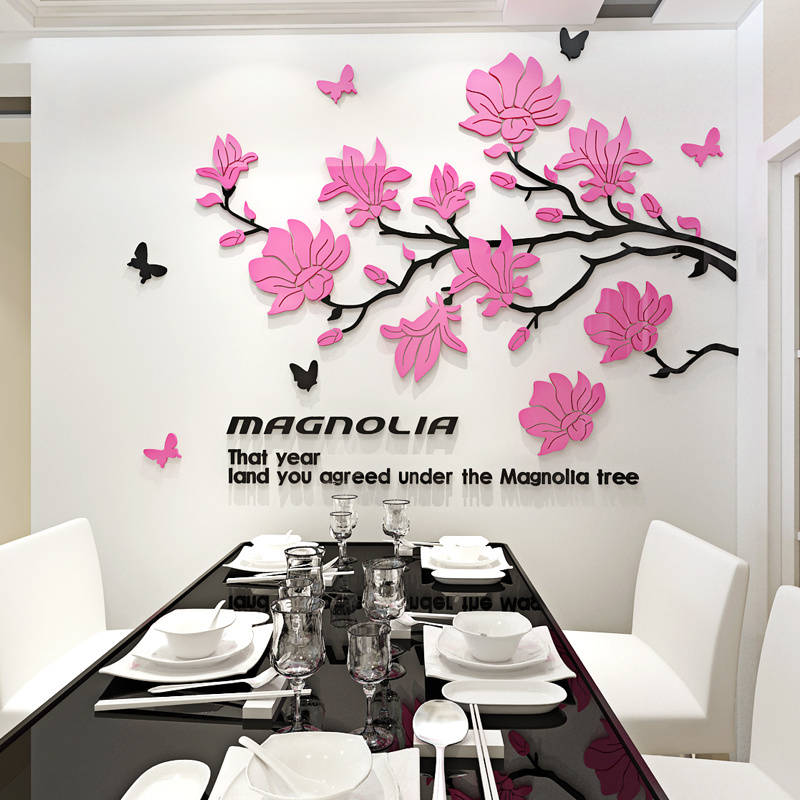 Magnolia flower acrylic 3D home decoration living room wall sticker