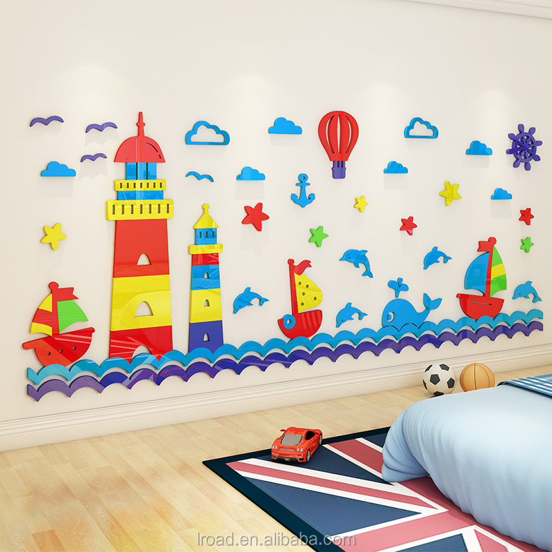 Ocean lighthouse cartoon 3D wall sticker children's room kindergarten theme wall decoration sticker