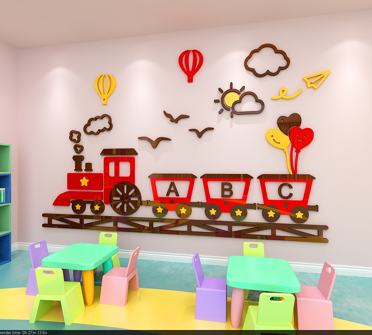 Cartoon small train  stickers wall kids Removable kindergarten game room decoration