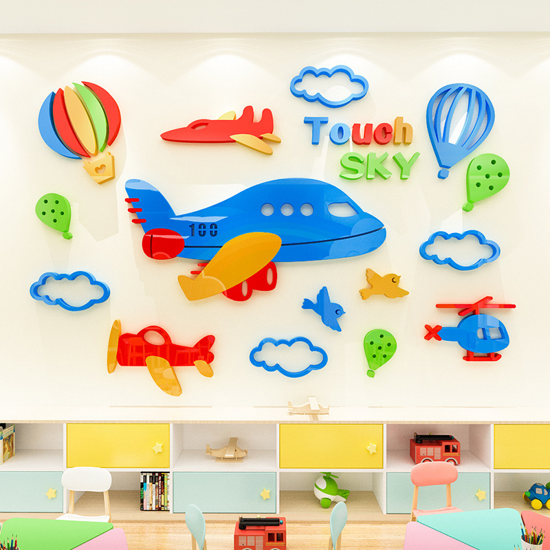 Cute cartoon design airplane hot air balloon 3D acrylic wall sticker for boys' bedroom and kindergarten decoration