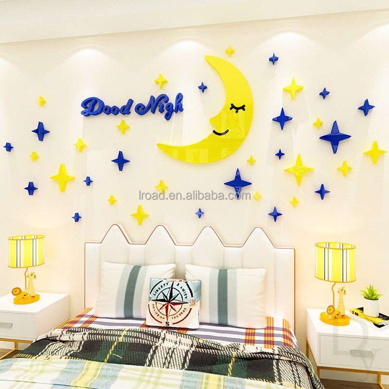 Children's room bedside wall decoration with stars, moon, 3D acrylic stickers, bedroom, kindergarten wall decoration