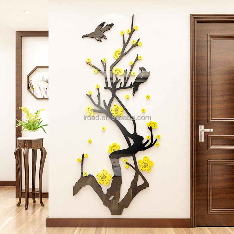 Mandao wholesale removable home decoration red plum blossom and bird branches acrylic wall stickers