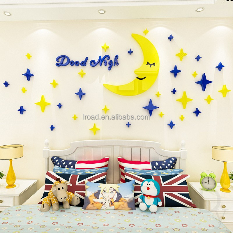 Children's room bedside wall decoration with stars, moon, 3D acrylic stickers, bedroom, kindergarten wall decoration