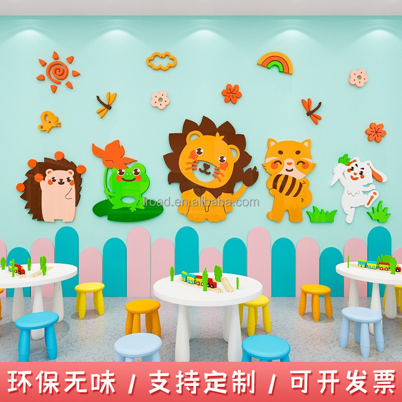 Cartoon Animal Wall Sticker Rainbow Waterproof Wallpaper Acrylic 3D Decoration Kindergarten Wall Mural