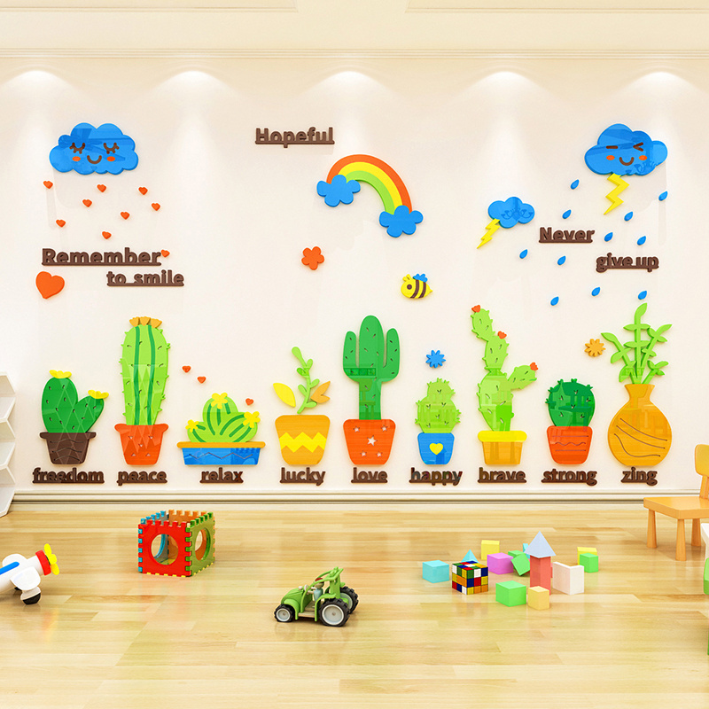 Cactus plant wall sticker 3D acrylic self-adhesive wallpaper Children's room Kindergarten stair potted home decoration