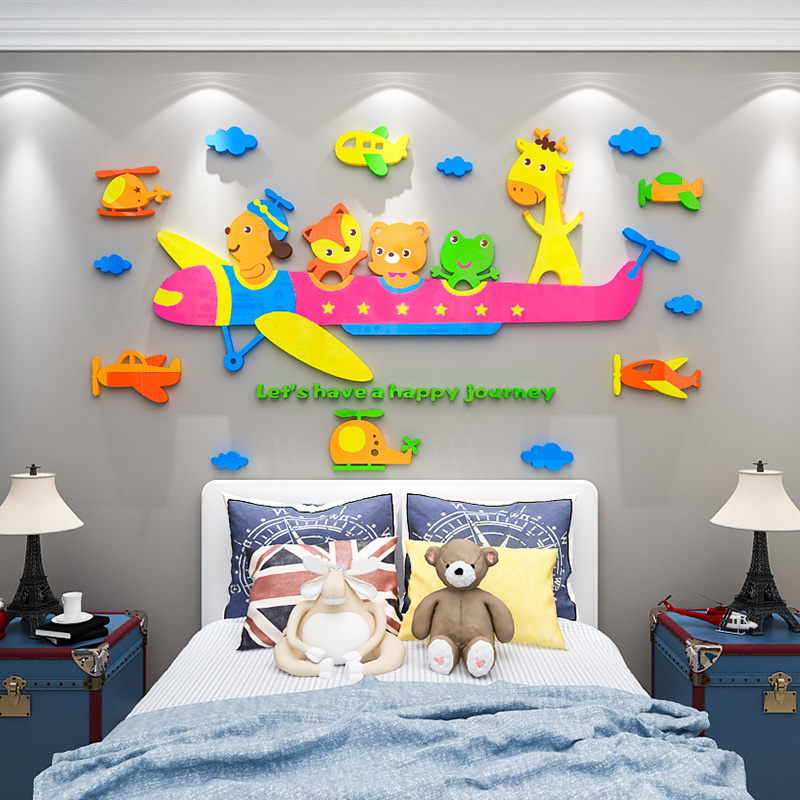 Cartoon animal Design Airplane Wall Stickers kindergarten and kids Room Decoration decal 3D Acrylic Art Sticker