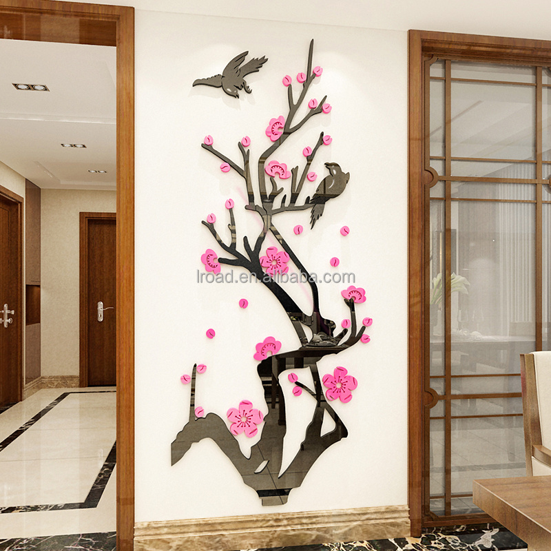 Mandao wholesale removable home decoration red plum blossom and bird branches acrylic wall stickers