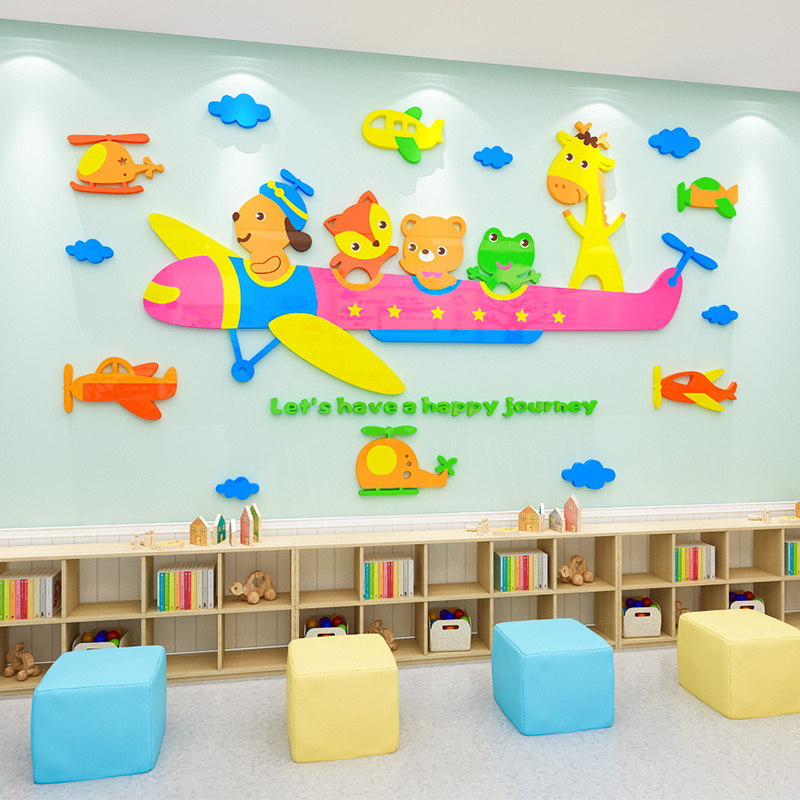 Cartoon animal Design Airplane Wall Stickers kindergarten and kids Room Decoration decal 3D Acrylic Art Sticker