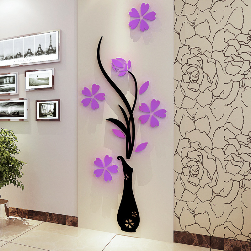 Custom Flower vase shape 3D acrylic Wall Stickers For Home Decoration wall decals