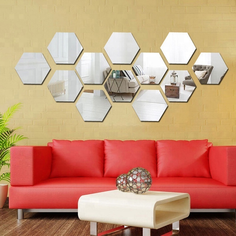 12 Pieces Removable Acrylic Mirror Setting Wall Sticker Decal for Home Living Room Bedroom Decor (Middle Hexagon)