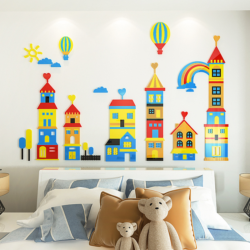 Cartoon town sticker Cartoon Castle hot air balloon wall sticker for kids home decorative children room wall decals