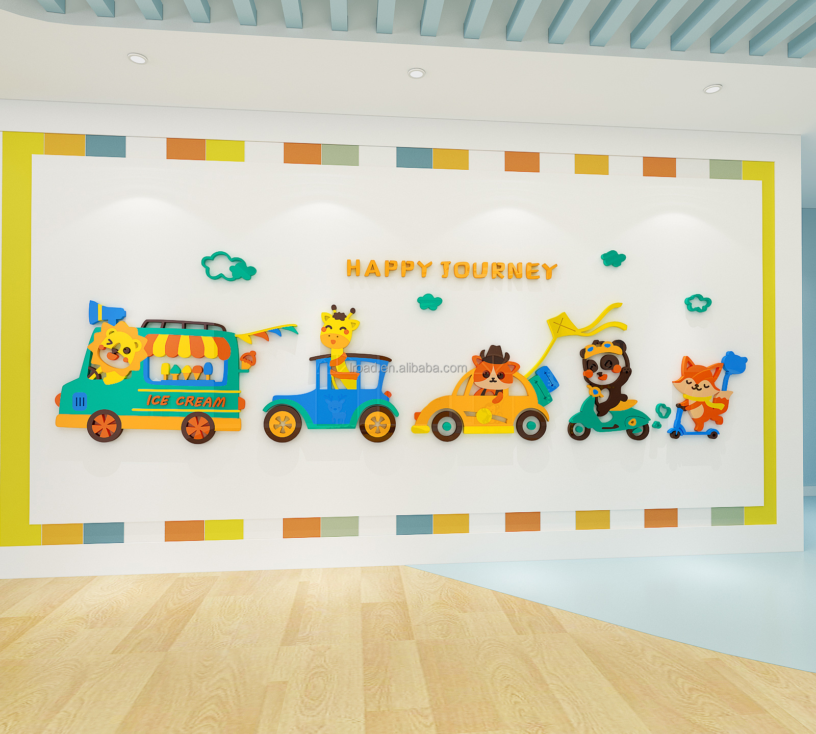 Cartoon animal train rainbow Acrylic Sticker room wall painting kindergarten playground wall decoration