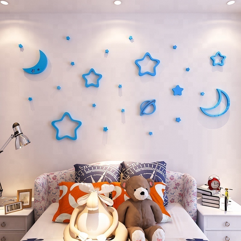 Moon and stars 3d decorate Home Decor kids room acrylic stickers golden