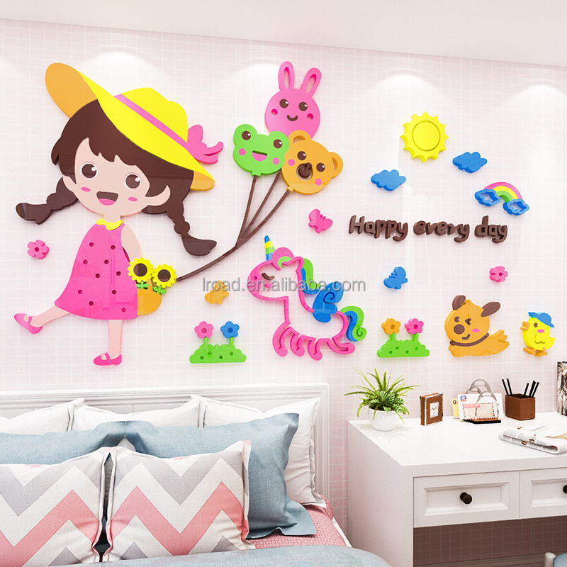 Happy Girl Pony Balloon Wall Sticker 3D Acrylic Waterproof Wall Sticker Kids Bedroom Living Room Home Decoration Wallpaper