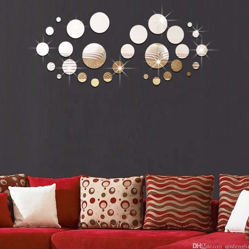 Small Big round circle 3D silver mirror wall art stickers decal sofa TV background wall decor