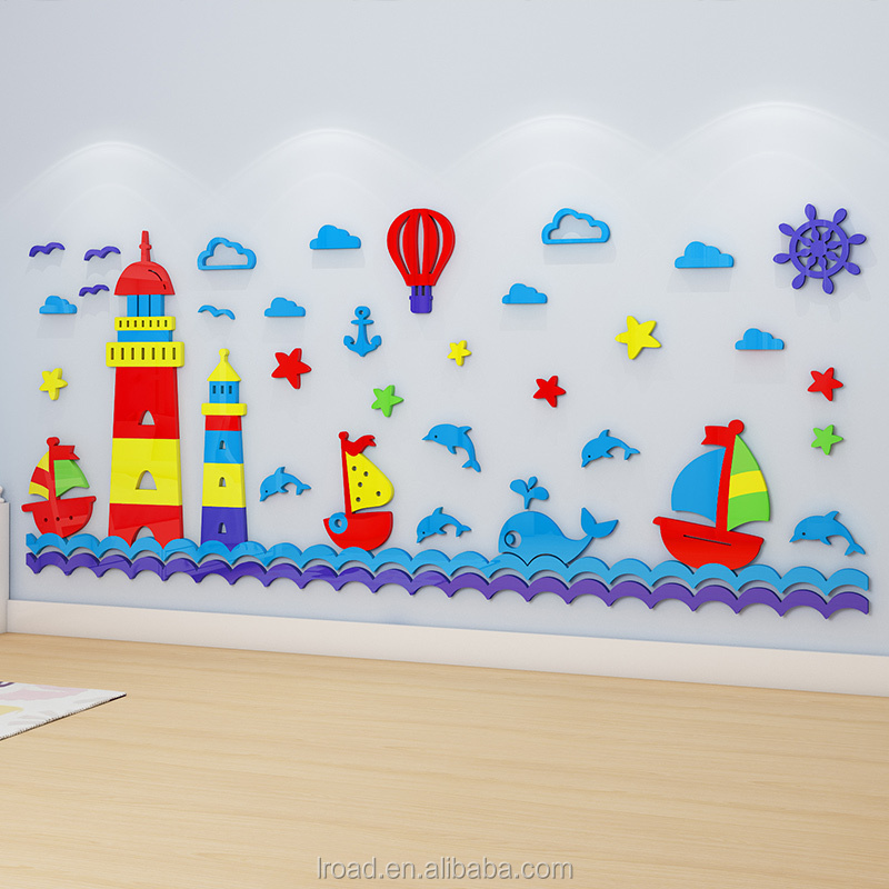 Ocean lighthouse cartoon 3D wall sticker children's room kindergarten theme wall decoration sticker